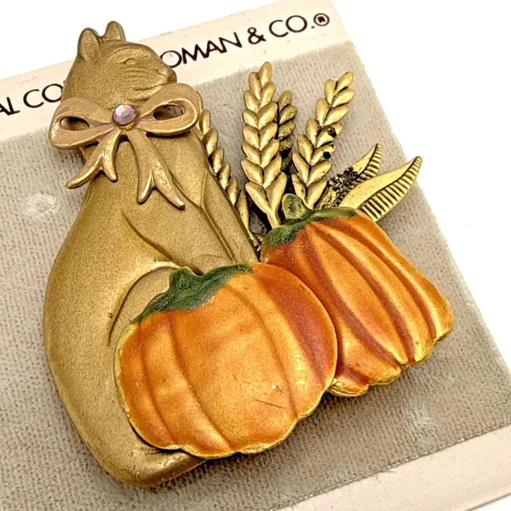NWT Vintage 1990s Fall Autumn Cat & Pumpkins Brooch 2.5